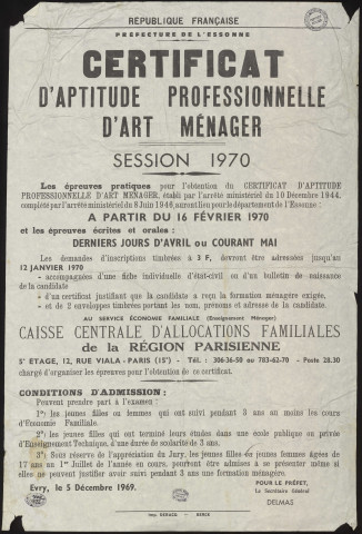 Essonne [Département]. - Certificat d'aptitude professionnelle d'art ménager, session 1970 : conditions d'admission, 5 décembre 1969. 