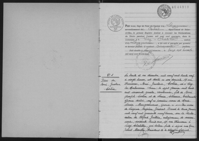 VIRY-CHATILLON. - Décès : registre d'état civil.