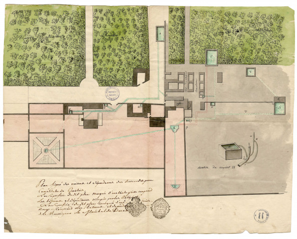 Duché-paierie de BRUNOY. - Plans géométriques des bâtiments, des cours, des jardins et des bois des CAMALDULES de GROSBOIS, signé par LAIDEGUIVE, notaire. 