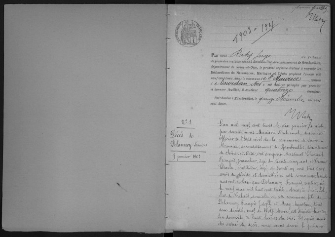 SAINT-MAURICE-MONTCOURONNE. - Naissances, mariages, décès : registre d'état civil.