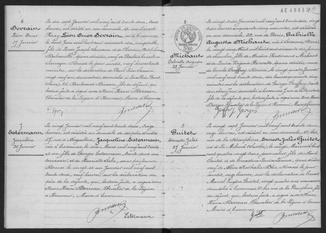 ESSONNES.- Décès : registre d'état civil. 