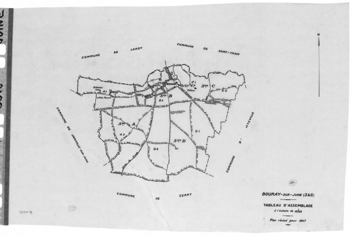 BOURAY-SUR-JUINE .- Cadastre révisé pour 1947 : plan du tableau d'assemblage , plans de la section A 1ère feuille, idem 2ème feuille, section C 2ème feuille, section D 1ère feuille, idem 2ème feuille, [6 plans]. 