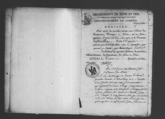 MONTLHERY. Naissances, mariages, décès : registre d'état civil (1807-1811). 