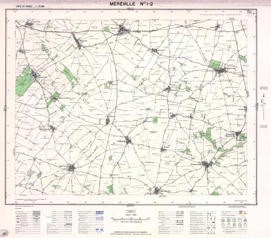 MEREVILLE. - Carte de France, levés stéréotopographiques aériens, complétés sur le terrain en 1951, révisé en 1956, dessiné et publié par l'Institut géographique national, feuilles 1-2, 3-4, 5-6, 7-8, 1951-1957. Ech. 1/25 000. Papier. Coul. Dim. 55 x 72,5 cm. [4 plans].