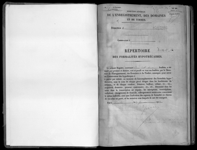 Conservation des hypothèques de CORBEIL. - Répertoire des formalités hypothécaires, volume n° 385 : A-Z (registre ouvert en 1913). 