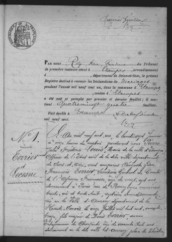 ETAMPES.- Mariages : registre d'état civil (1901). 