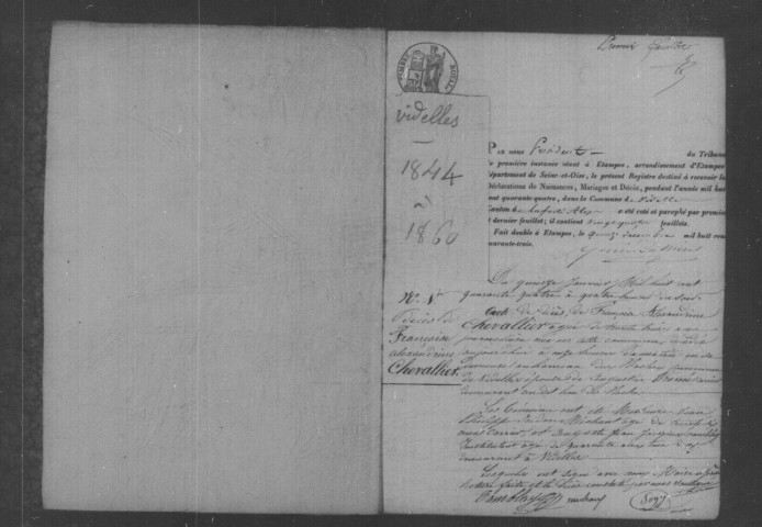 VIDELLES. Naissances, mariages, décès : registre d'état civil (1844-1860). 