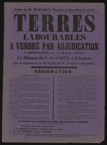 ORSONVILLE, PARAY-DOUAVILLE (Yvelines).- Vente par adjudication de terres labourables exploitées par MM. DAUBERNET et ROBERT, 9 avril 1893. 