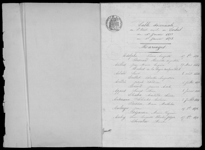 CORBEIL. Tables décennales (1883-1892). 