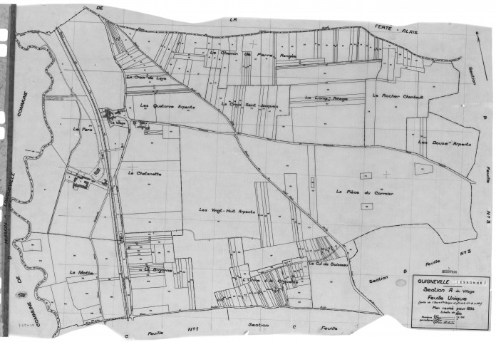GUIGNEVILLE.- Cadastre révisé pour 1934 : plan du tableau d'assemblage, plans de la section A le Village, section B les Bois de Guigneville 1ère feuille, idem 2ème feuille, idem 3ème feuille ; cadastre révisé pour 1934 mis à jour pour 1956 : plan de la section C les Hameaux de Jouy sous Clercy, [6 plans]. 