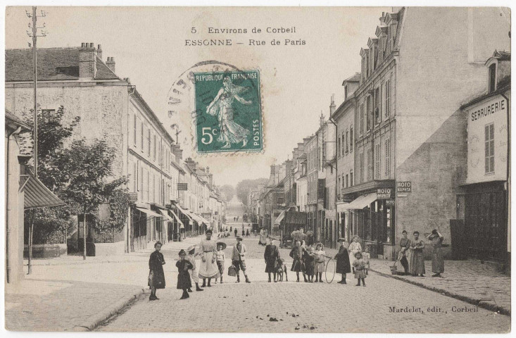 ESSONNES. - Rue de Paris [route nationale], Mardelet, 1909, 7 mots, 5 c, ad. 