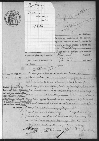 MONTLHERY.- Naissances, mariages, décès : registre d'état civil (1904). 