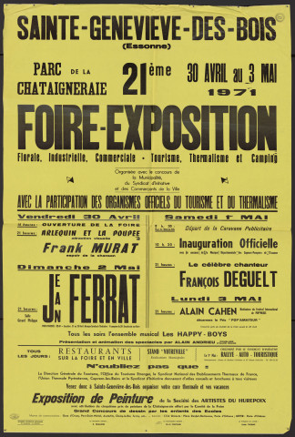SAINTE-GENEVIEVE-DES-BOIS.- 21ème foire-exposition, florale, industrielle, commerciale, tourisme, thermalisme et camping, Parc de la Chataigneraie, 30 avril-3 mai 1971. 