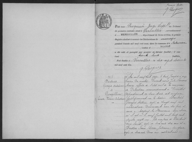 PALAISEAU. - Mariages : registre d'état civil.