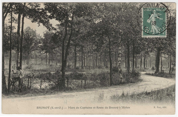 QUINCY-SOUS-SENART. - Mare du Capitaine et route de Brunoy à Melun [Editeur Ray, 1908, timbre à 5 centimes]. 