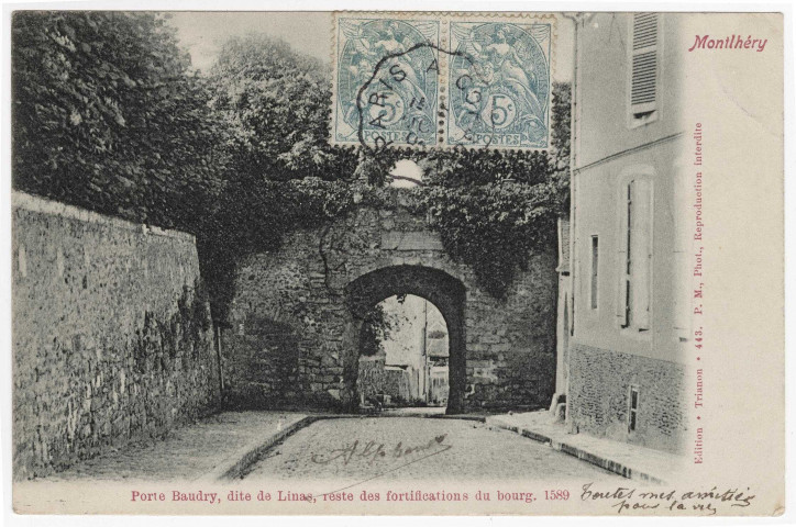 MONTLHERY. - Porte Baudry, dite de Linas, restes des fortifications [Editeur Trianon, 1904, 2 timbres à 5 centimes]. 