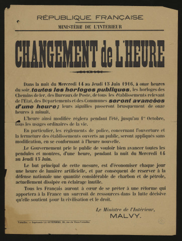 Seine [Département]. - Avis du Ministère de l'Intérieur relatif au changement de l'heure de toutes les horloges publiques dans la nuit du 14 au 15 juin 1916. 