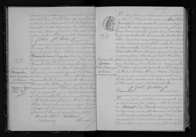 MONNERVILLE. Naissances, mariages, décès : registre d'état civil (1876-1890). 