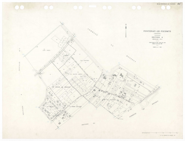 FONTENAY-LE-VICOMTE, plans minutes de conservation : tableau d'assemblage,1934, Ech. 1/10000 ; plans des sections A1, A2, 1934, Ech. 1/2500, section A4, 1934, Ech. 1/1250, sections ZA, ZB, ZC, 1961, Ech. 1/2500. Polyester. N et B. Dim. 105 x 80 cm [7 plans]. 