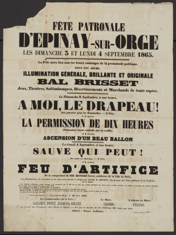 EPINAY-SUR-ORGE.- Fête patronale d'Epinay-sur-Orge, 3 septembre-4 septembre 1865. 