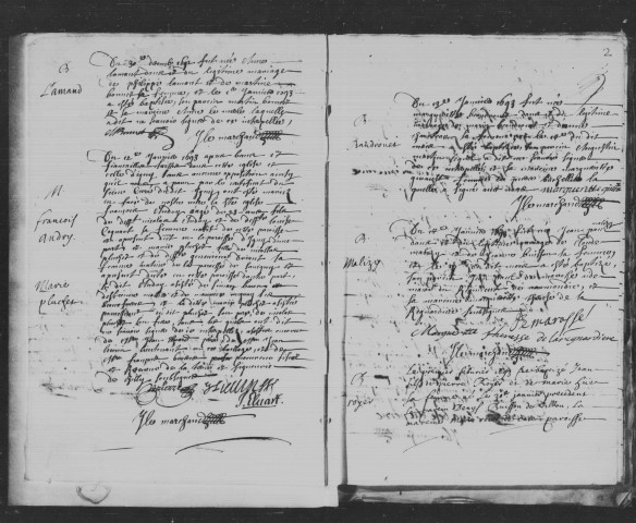 PALAISEAU, paroisse Saint-Martin. - Registres paroissiaux : baptêmes, mariages, sépultures [décembre 1692-1699, 1700-1719, 1720-1739] [documents originaux conservés aux Archives municipales de Palaiseau]. 