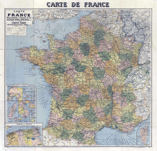 N° 83 - Carte de France, départements et chemins de fer, Belgique, bords du Rhin, Suisse, etc. Cartes Taride, Paris, ech. 1.200.000e (1919-1930).