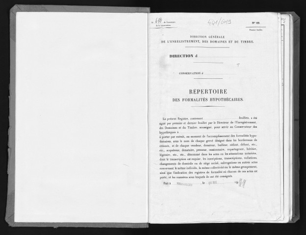 Conservation des hypothèques de CORBEIL. - Répertoire des formalités hypothécaires, volume n° 612 : A-Z (registre ouvert en 1941). 