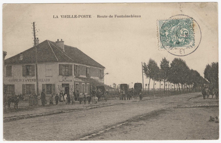 PARAY-VIEILLE-POSTE. - Route de Fontainebleau, marchand de vin et maréchalerie (maison Plançon), [Timbre à 5 centimes]. 