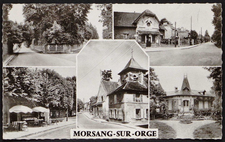 MORSANG-SUR-ORGE.- Le parc Beauséjour, la poste, l'église et l'hôtel Les Diablotins, sans date.