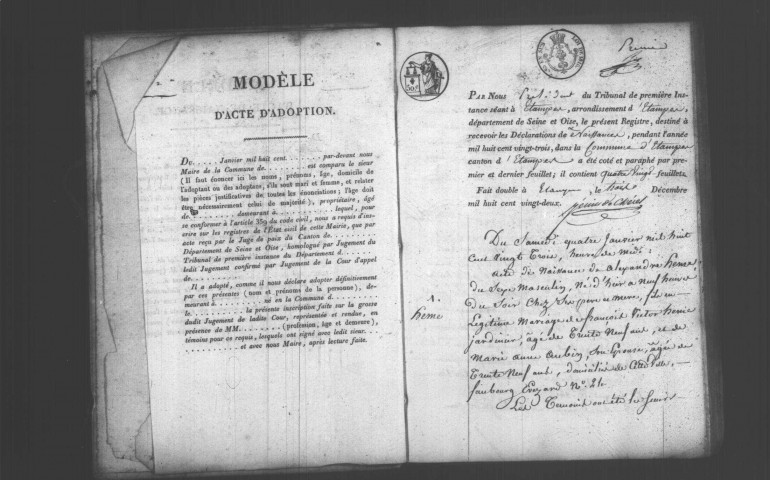 ETAMPES. Naissances : registre d'état civil (1823). 