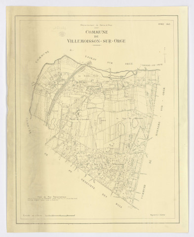 Fonds de plan topographique de VILLEMOISSON-SUR-ORGE dressé et dessiné par E. BERMOND, géomètre-expert, vérifié par M. DANGUEL, ingénieur-géomètre, 1945. Ech. 1/5 000. N et B. Dim. 0,63 x 0,50. 