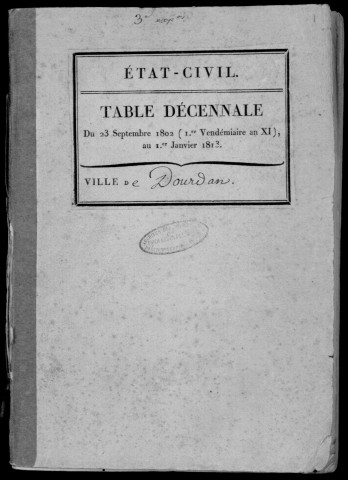 DOURDAN. Tables décennales (1802-1902). 