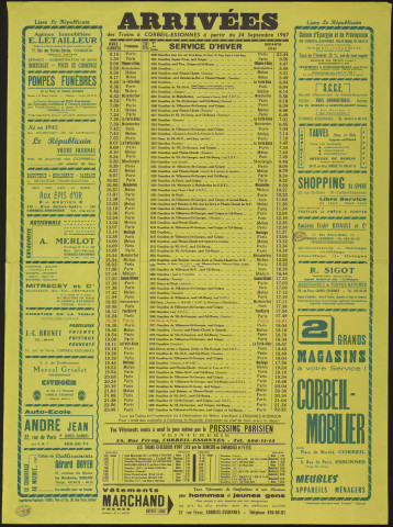 Le Républicain [quotidien régional d'information]. - Arrivées des trains en gare de Corbeil-Essonnes, à partir du 24 septembre 1967 [service d'hiver] (1967). 