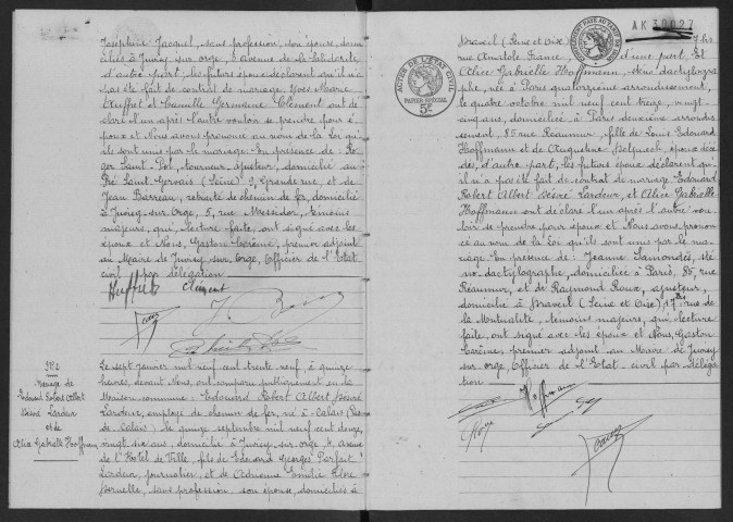 JUVISY-SUR-ORGE. - Mariages : registre d'état civil. 