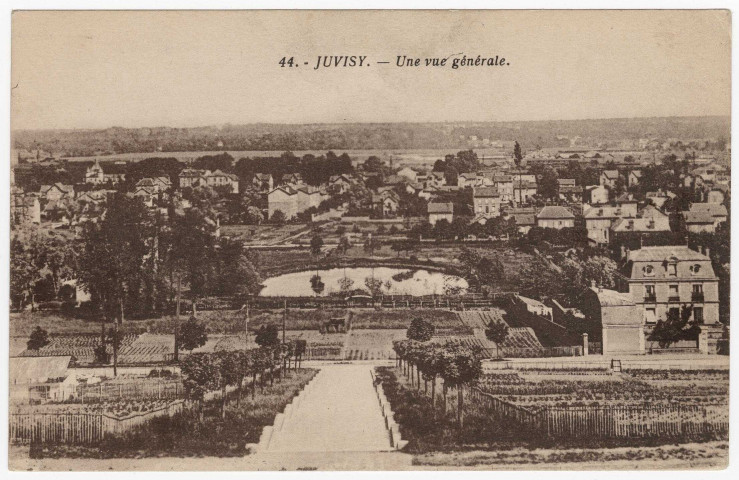 JUVISY-SUR-ORGE. - Une vue générale prise de la terrasse du parc du château. Bracquemont (1954). 15 lignes, sépia. 