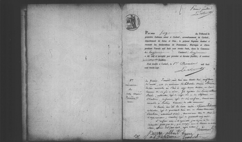 LONGJUMEAU. Naissances, mariages, décès : registre d'état civil (1838-1842). 