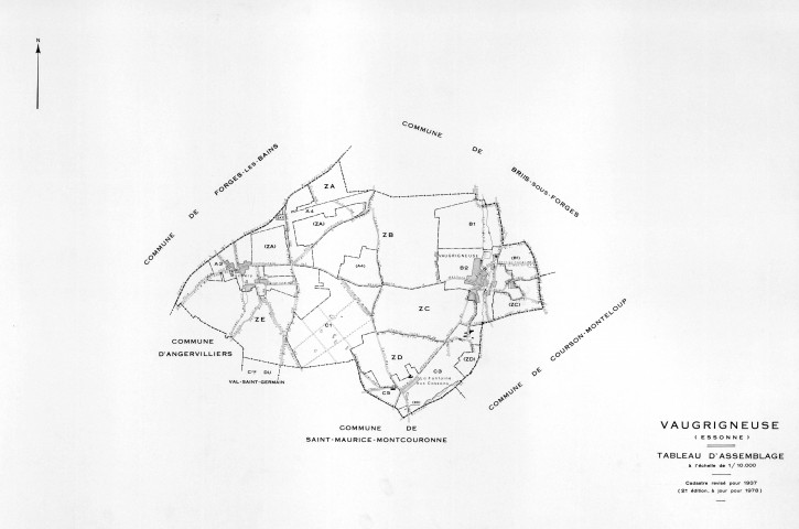 VAUGRIGNEUSE. - Cadastre révisé pour 1937, à jour pour 1978 (2ème édition) : plans du tableau d'assemblage, des sections A (feuilles 3-4), B (feuilles 1-2), C (feuilles 1, 3 et 5) ; feuille renouvelée pour 1978, remembrement partiel : plans des sections ZA, ZB, ZC, ZD, ZE. [13 plans]. 