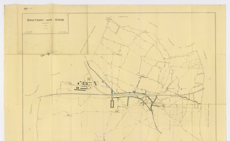 Plan de BRETIGNY-SUR-ORGE dressé par L. POUSSIN, géomètre-expert, 1929. Ech. 1/5 000. N et B. Dim. 1,10 x 1,36. 