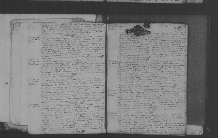 DOURDAN. Paroisse SAINT-PIERRE. - Baptêmes, mariages, sépultures : registre paroissial (1696-1699).
DOURDAN. Paroisse SAINT-GERMAIN. - Baptêmes, mariages, sépultures : registre paroissial (1678-1699). [Lacunes : B.M.S. (1682-1683, 1687-1695). Nota bene : B.M.S. (1685-1686), seulement du 24 août 1685 au 6 janvier 1686). Les registres des deux paroisses et de l'Hôtel-Dieu sont reliés ensemble.] 